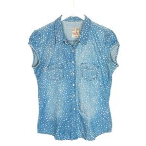 Glam Jeans Blue Star Print Denim Shirt Snap buttons size Large